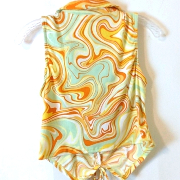 JUST POLLY JUNIORS RETRO SWIRL V-NECK SLEEVELESS RUCHED FRONT TOP SIZE XL NWT - Picture 5 of 6